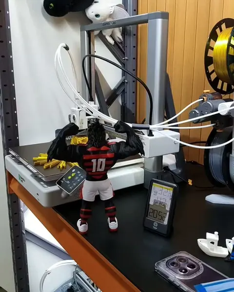 Boneco de jogador com a camisa 10 vermelha e preta ao lado da impressora 3D